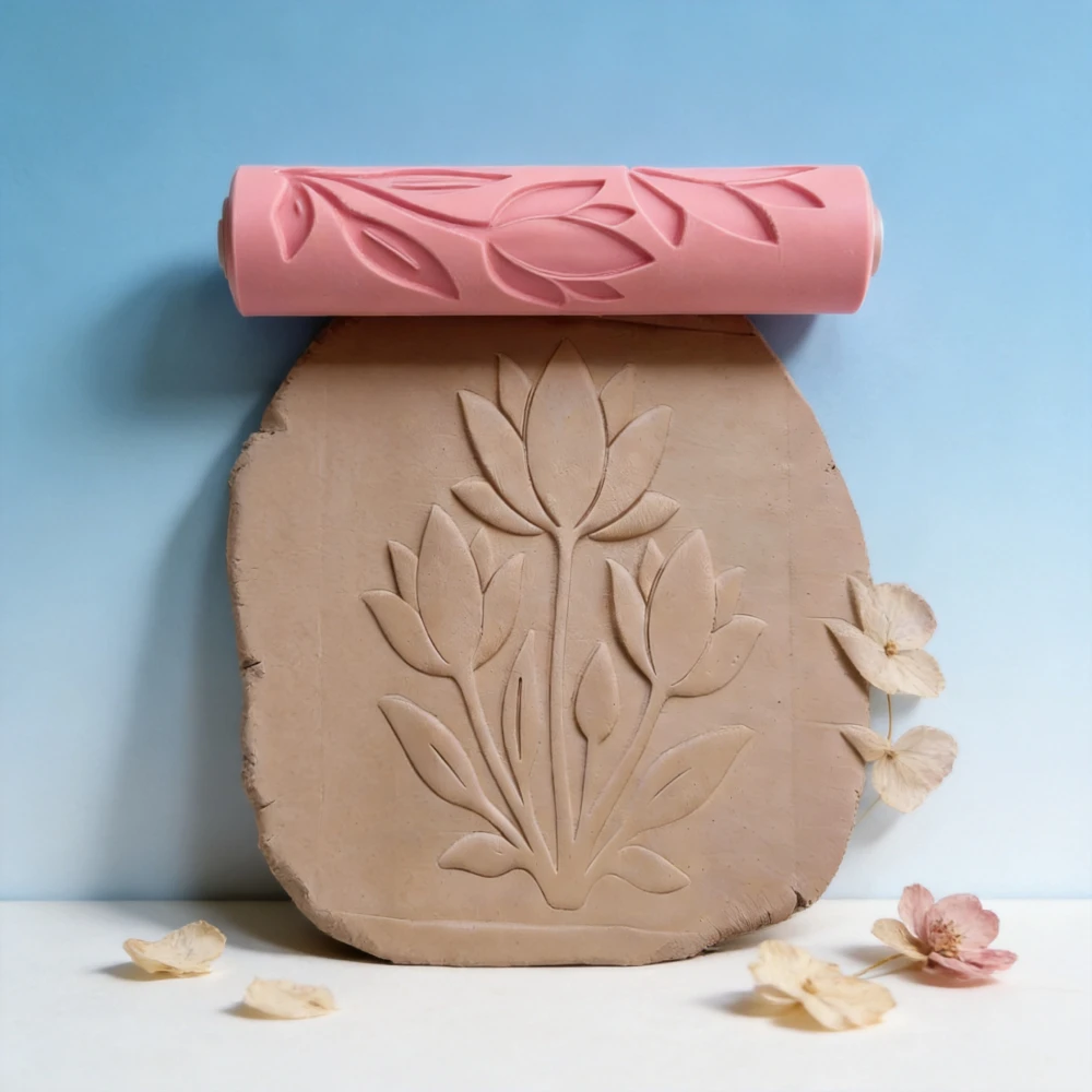 Lotus Flower Pattern Clay Relief Texture Roller DIY Pottery Craft Rolling Pin Tool for Polymer Clay Ceramic Art Fondant