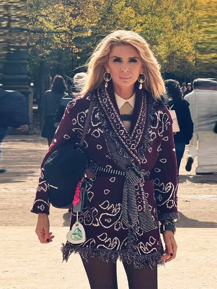 

Jacquard Women Fringes Cardigan Csual Long Sleeve Pockets Belt Kniting Loose Coat Fashion Soft Female Clothing Spring