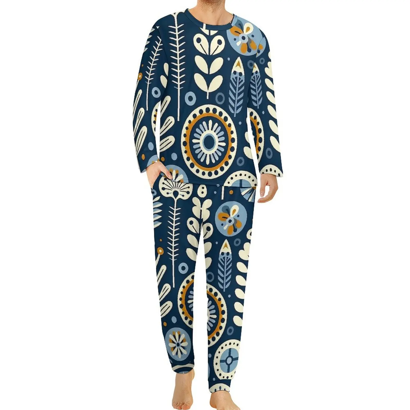 

Folk Art Floral Pajamas Male Blue Print Romantic Nightwear Winter Long-Sleeve Two Piece Casual Pattern Pajamas Set Big Size