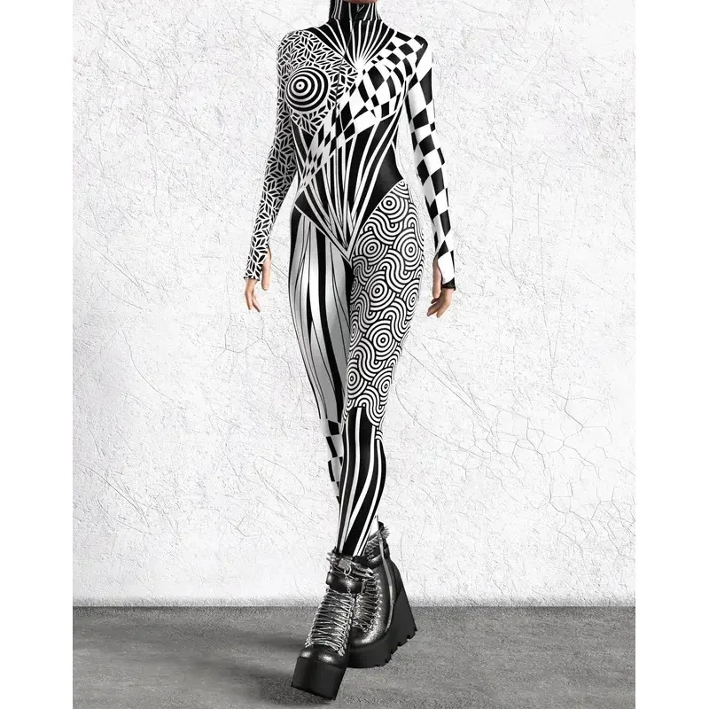 أسود أبيض غير النظامية سايبر الفن شريط بذلة عطلة حفلة تأثيري حلي هالوين يظهر النساء ارتداءها أداء Zentai