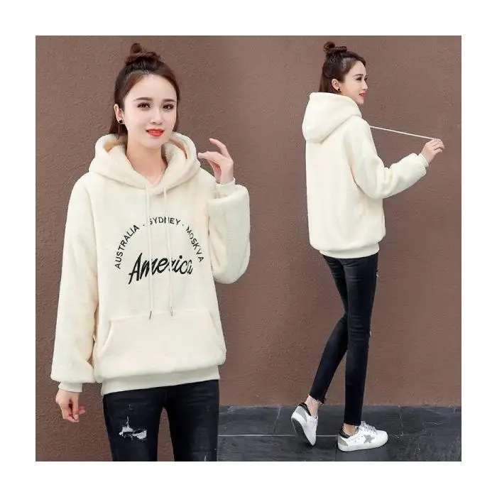 Autumn Winter Pocket Lamb Wool Sweater Women's Thicken Polar fleeceHoodies Long Sleeve Drawstring Sweatshirt Velvet Women Tops