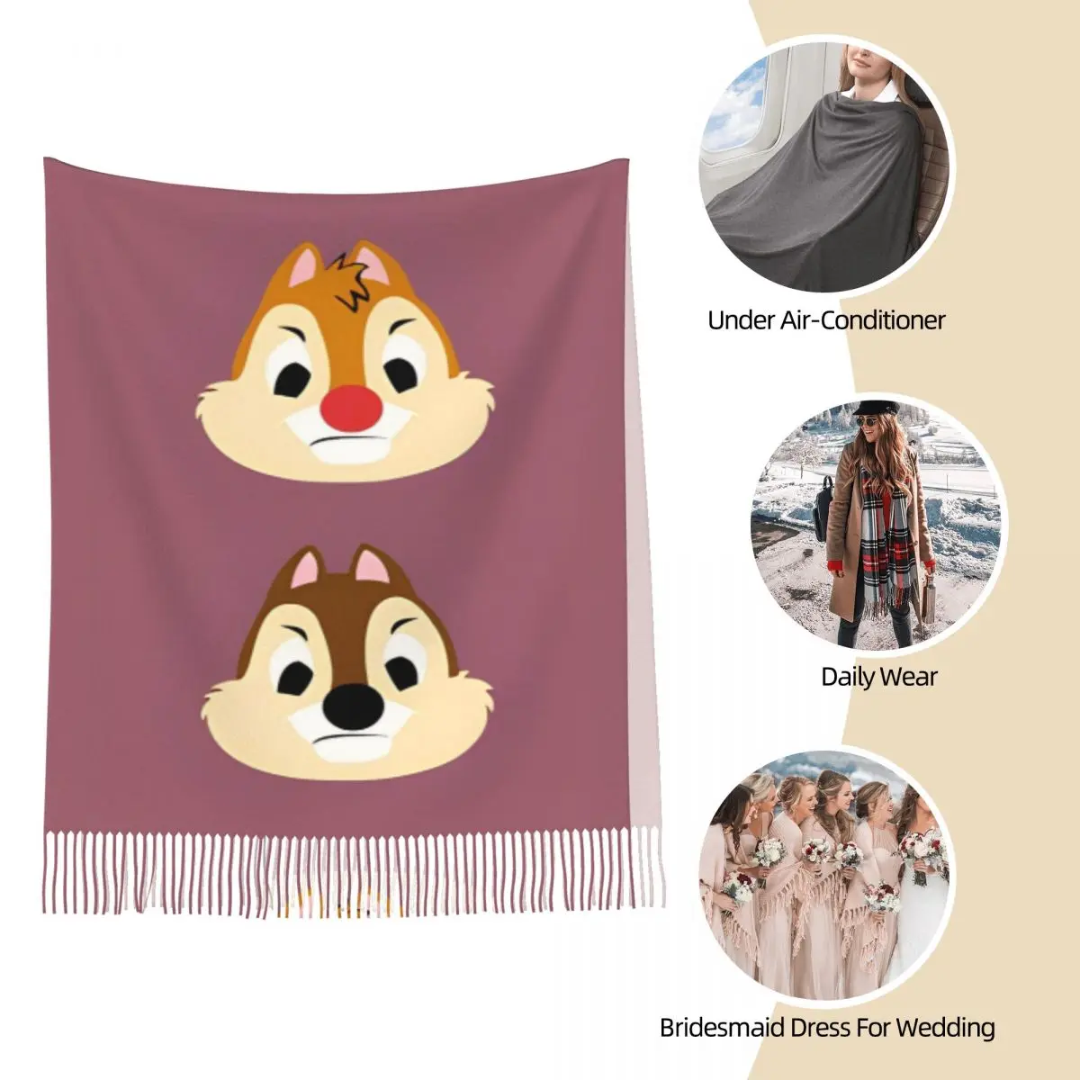 Chip 'n' Dale Hello Châle Round pour Femme, Écharpe Longue et Douce, Dessin Animé, Pashmina Mignon, Écharpes à Pompons, Hiver