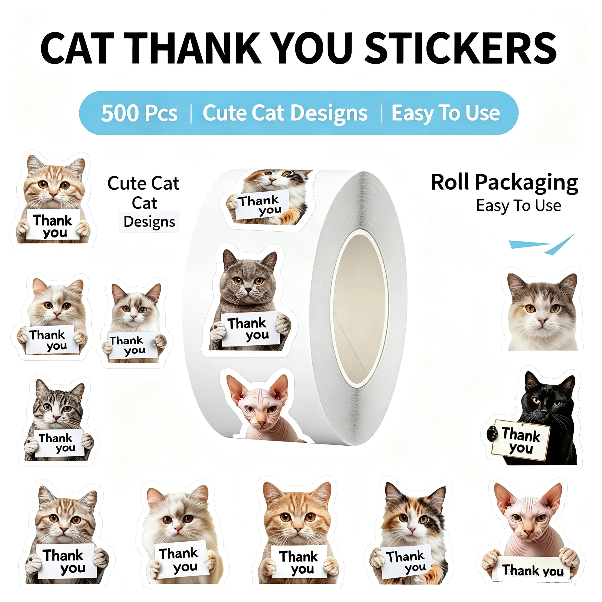500Pcs Cute Cat Thank You Stickers Self Adhesive Roll Decals for Gift Packaging DIY