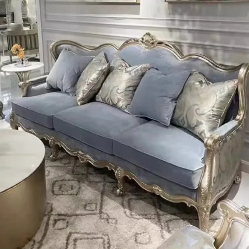 

Новый диван из массива дерева в стиле лайт-люкс, синий тканевый трехместный диван для гостиной, комплект для гостиной с цветочным узором