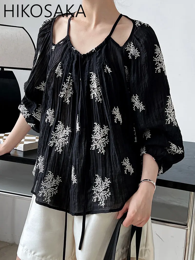 

Summer Hollow Out Off Shoulder Sunblock Shirt Lady Korean Chic Design Halter Long Sleeve Blouse Vintage Print Halter Top Verano