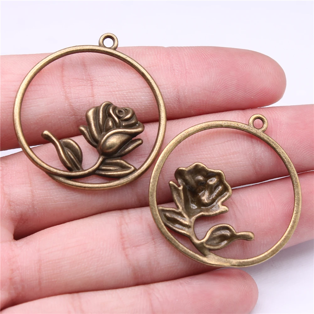 WYSIWYG 4pcs Charms Rose Flower 36x33mm Antique Making Pendant Vintage Tibetan Silver Color Antique Bronze DIY Handmade Jewelry