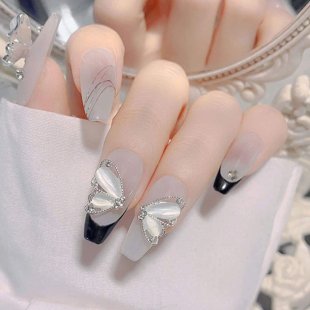 10Pcs Siver White Crystal Butterfly Nail Art Charms 3D Alloy Hollow Cat's Eye Zircon Nail Gems Luxury Butterfly Nail Accessories