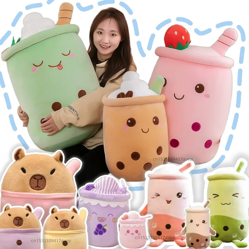 Giant Size Big Cute Capybara Boba Plushie Toy Soft Stuffed Strawberry Blueberry Milk Tea Hug Throw Pillow Cushion For Kids