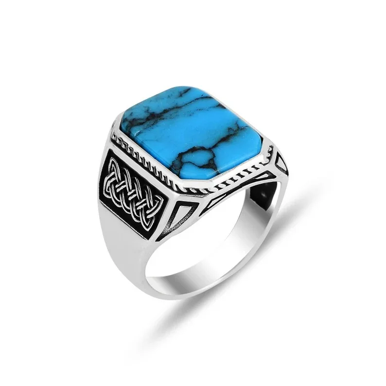 Personalized Vintage Viking Totem Turquoise Men\'s Fashion Accessories Punk Hip Hop Rings