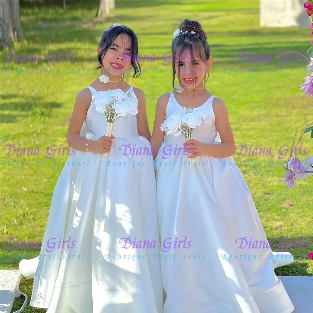 Lovely Flower Girl Dress White Satin Fluffy With Quality Big Bow For Little Princess Kids Birthday Party Evening Ball Gowns
