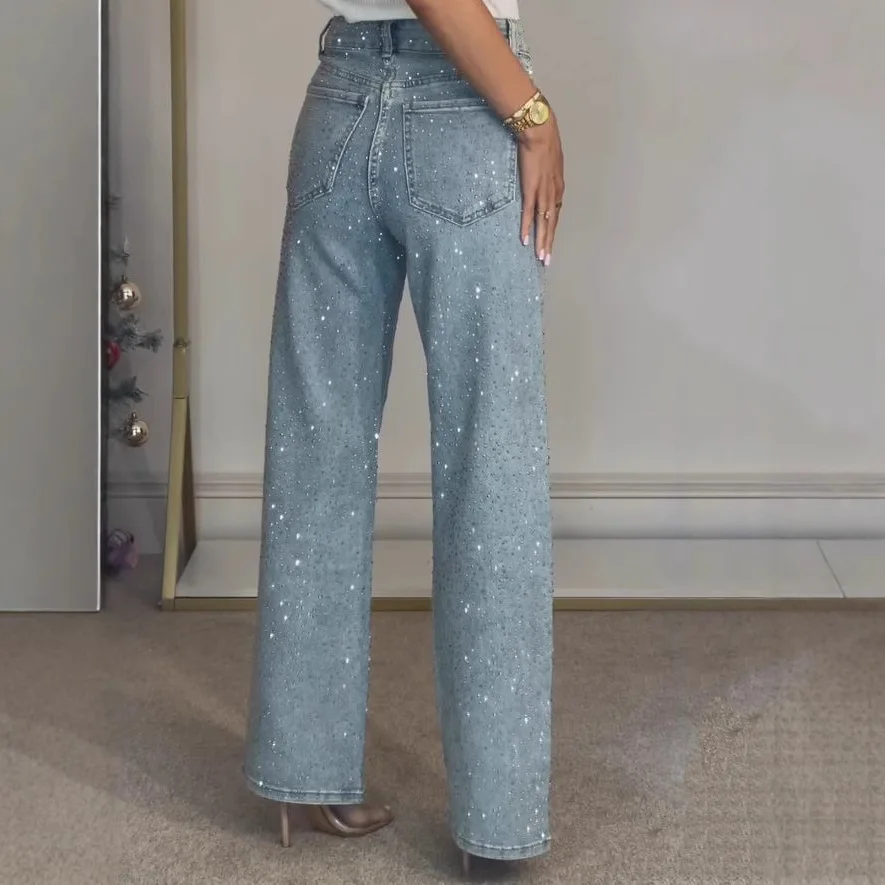 High Waist Rhinestone Washed Jeans, Straight Slim Casual Fit Jeans, Sexy Hip Chic Vintage Jeans, Luxury Glitter Casual Trousers