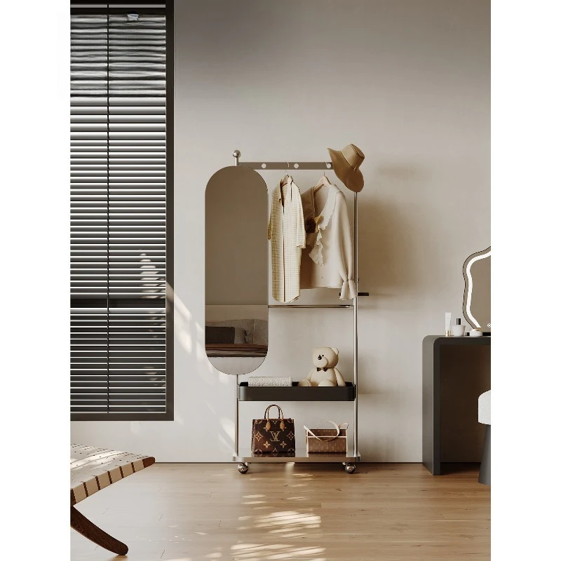 Italian-style movable hanger, floor-to-ceiling bedroom full-length mirror coat rack integrated into the door