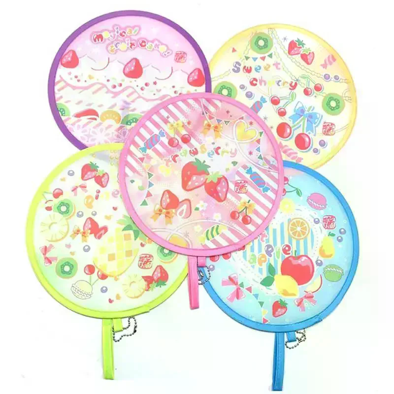 Foldable Round Hand Fan Cute Colorful Prints Portable Hanging Chain Perfect Summer Outdoor Trips Daily Use