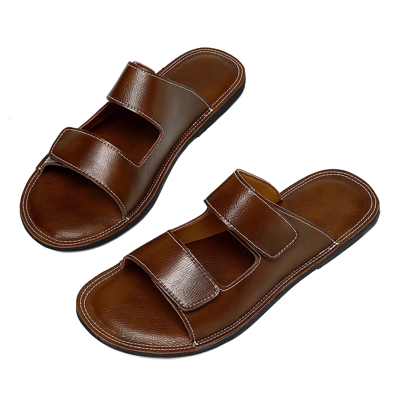 

Summer Mens Flat Narrow Leather Slippers Slides Slip On Sandals Casual Shoes Anti-skid Indoor Outdoor Best Gifts For Men