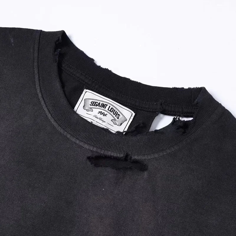 24SS Streetwear Letter Logo Graffiti Saint Louis T Shirt Men Women Vintage Washed Black Green Tee Top Handcrafted Destroy TShirt