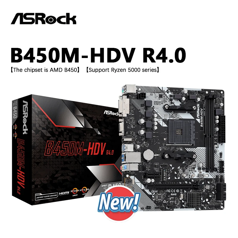 

ASROCK New B450M-HDV R4.0 Micro-ATX AMD B450 DDR4 3200(O.C.) PCIe Gen3 x4 M.2 Double Channel Socket AM4 Motherboard