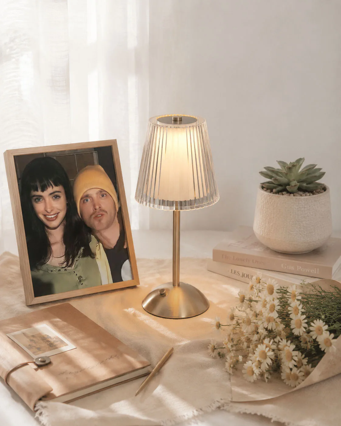 Vintage Ribbed Glass Table Lamp, Metal Base Touch Control Desk Lamp, Warm LED Bedside Night Light for Bedroom Living Room Decor