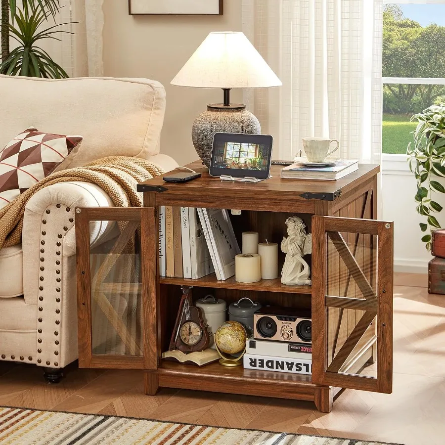 End Table Set 2 with Charger, Night Stand and 24 Sofa Side Table for living room, wood, walnut, sleek modern design with USB ch