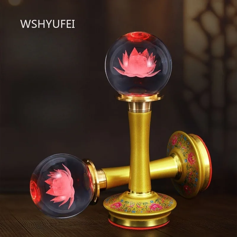 2pcs Plug-in Colorful LED Crystal Light 3D Inner Carved Lotus Flower Transparent Sphere Golden Metal Base Buddha Hall Decoration