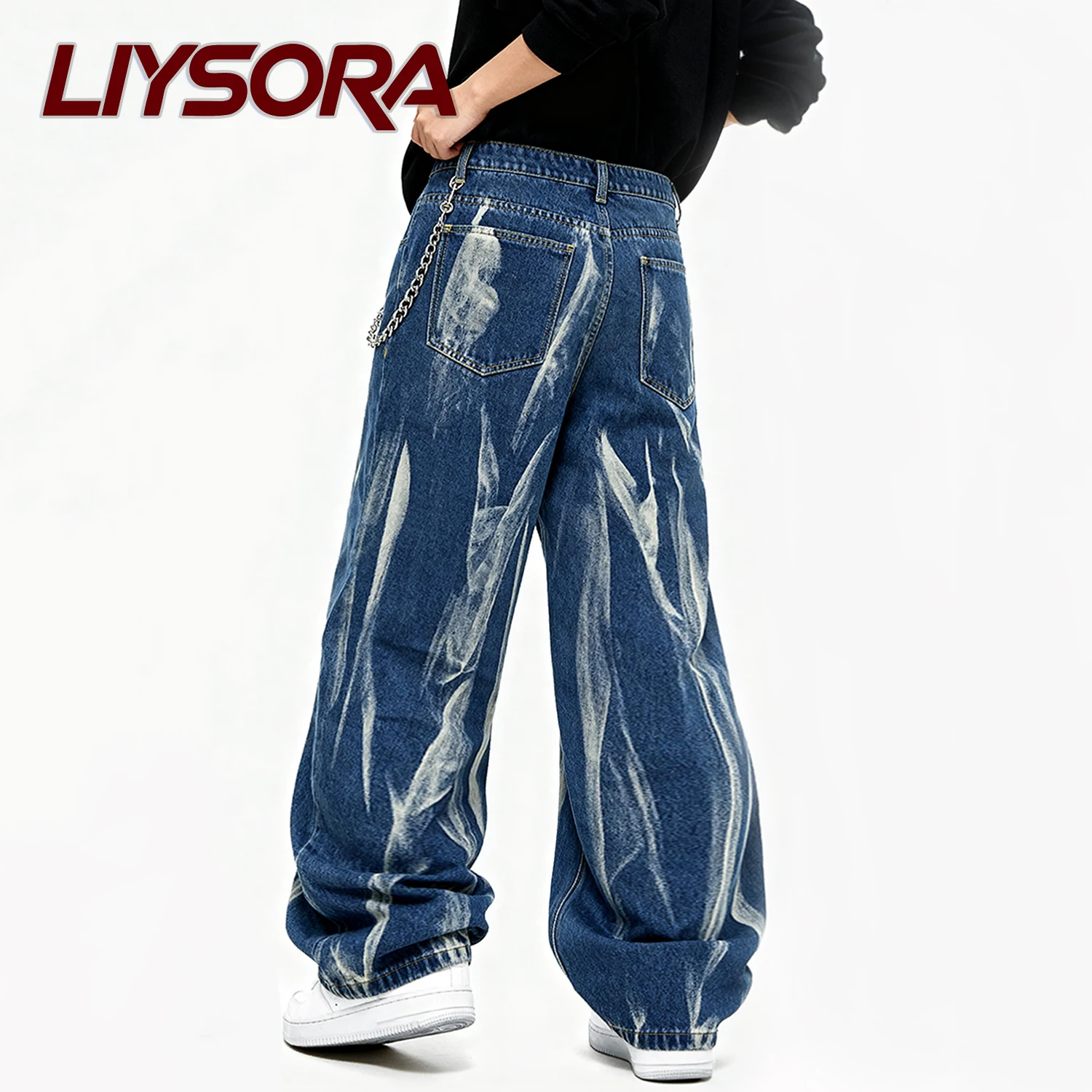 أربعة مواسم الرجال فضفاض مستقيم واسعة الساق الجينز تصميم شخصي التعادل صبغ الدنيم السراويل فضفاض للجنسين اليومية جينز غير رسمي الملابس #6