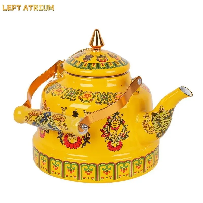1.7L Tibetan Style Porcelain Enameled Teapot Chinese Ethnic Characteristic Milk Tea Infuser Enamel Boiling Water Kettle