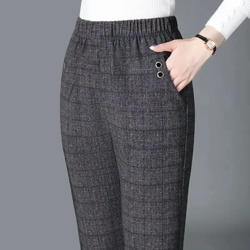 

New Elastic High Waist Stripe Plaid Straight Casual Trousers Korean Fashion Women Vintage Slim Pants Spring Autumn Streetwear