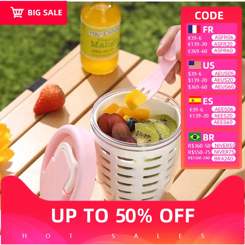 

1PC kitchen cylindrical plastic fruit cup, salad cup with fork, multi-functional drainage function, salad container, portable lu