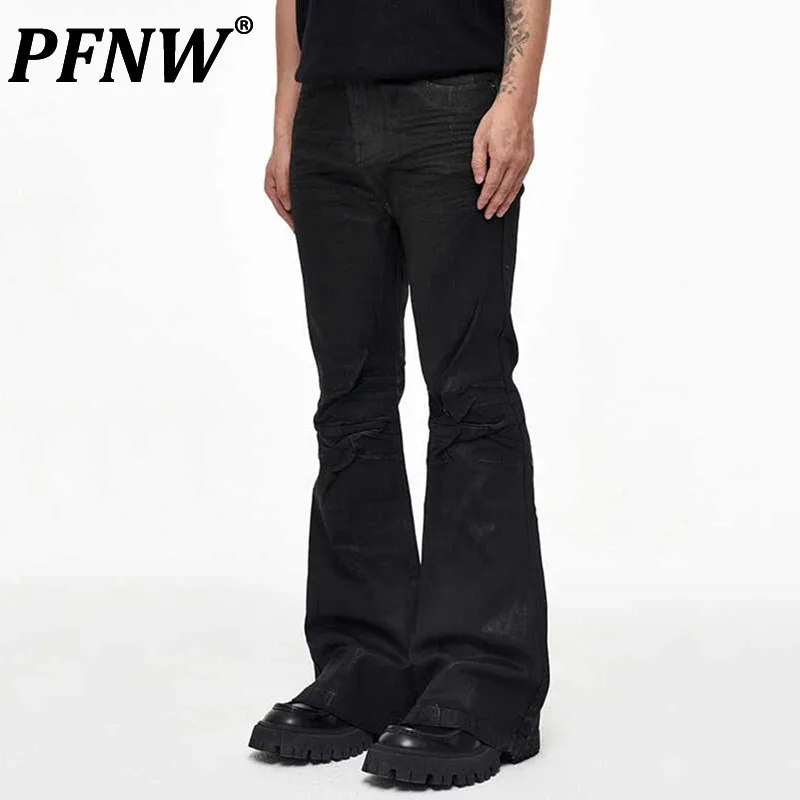 PFNW High Street Menswear Vinyl Coated Long Pants Men's Crease Textured Wide Leg Micro Slim Fit Boot Cut Black Jeans 12C1257