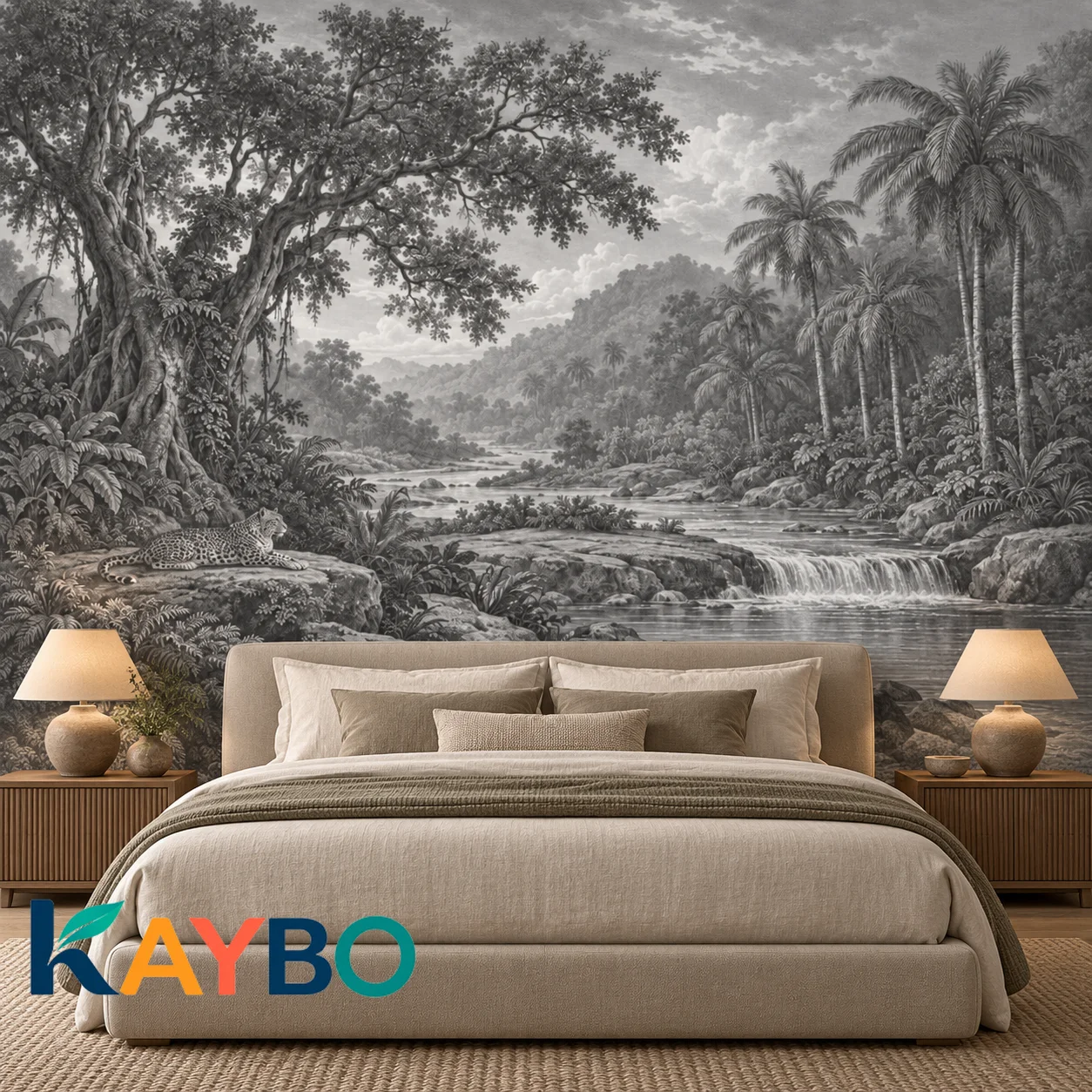 Jungle Wallpaper Mural, Monochrome Rainforest Wall Decor, Waterfall Landscape, Leopard Nature Accent Wall Art, Non Self Adhesive