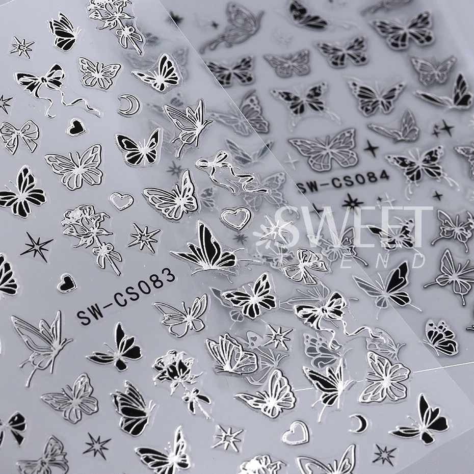 Black Silver Chrome Butterfly Nail Stickers Metal Mirror Star Gilded Design Decals DIY Summer Red Moon Decoration Manicure Wraps