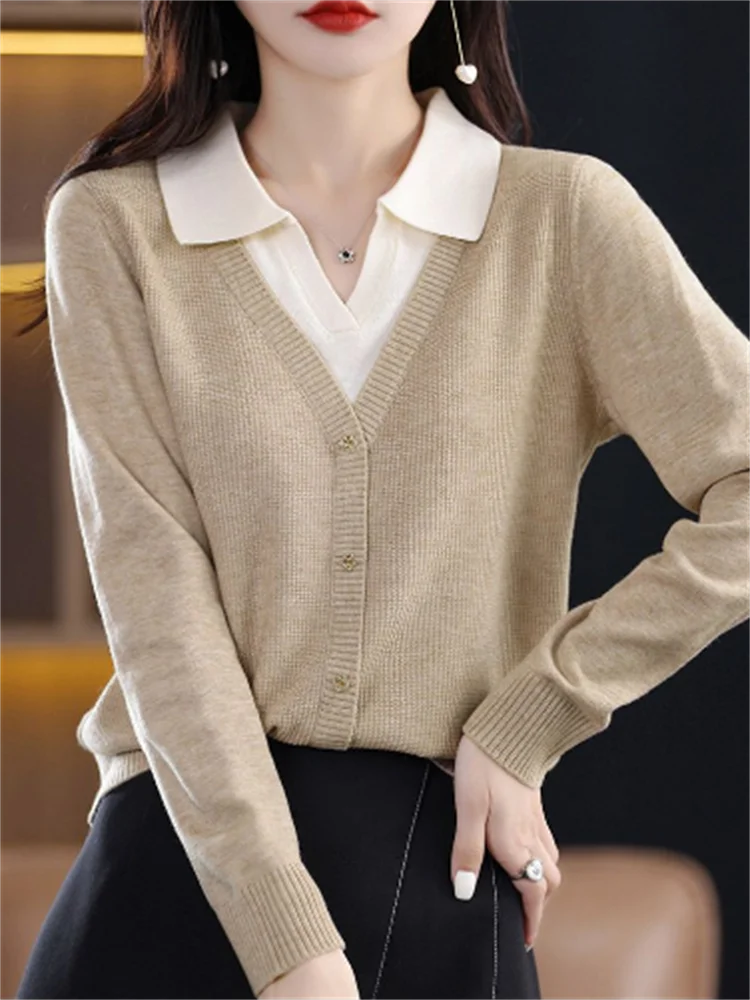 Fake Two-piece Sweater Women Knitwear Polo Neck Knitted Bottom Top Fashion Women Sweater Loose Casual Pullover Thin Knit Sweater