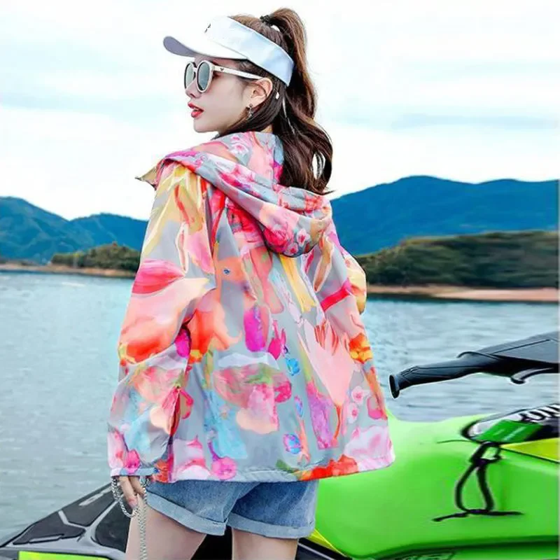 Women Loose Lightweight Printing Sunscreen Clothing Hooded Long Sleeved Transparent Temperament Jacket Summer 2025