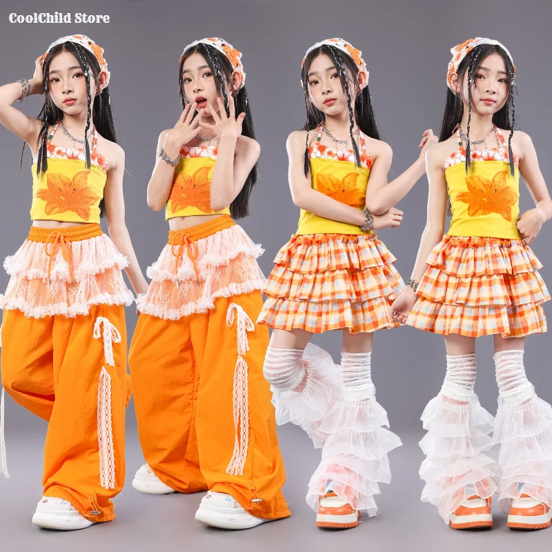 Girls K-pop Crop Tank Top Orange Lace Pants Street Dance Skirt Child Streetwear Girl Group Costume Kids Hip Hop Jazz Clothes Set