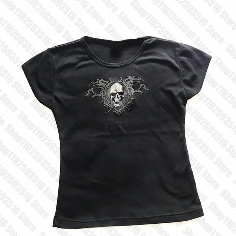 Y2k Crop Top Summer Gothic Slim Vintage Graphic Baby Tee emo Skull Punk Hip Hop Women Crop top Short Sleeve Punk Sexy Streetwear