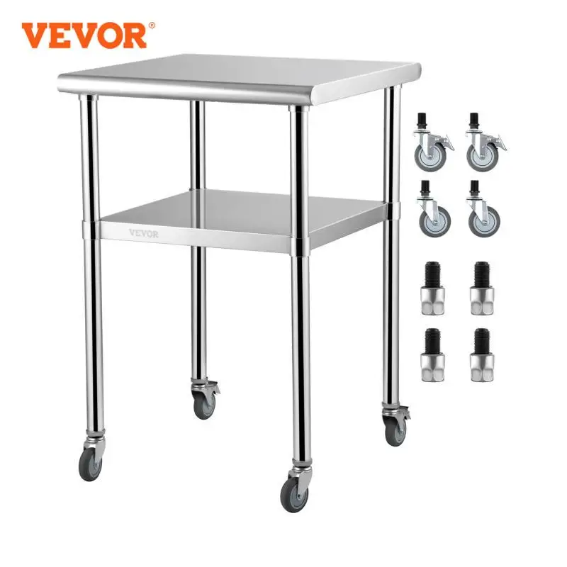 VEVOR 24 x 24 in Stainless Steel Kitchen Worktable shelves Commercial Work Bench Table with Caster Wheels for Home Kitchen