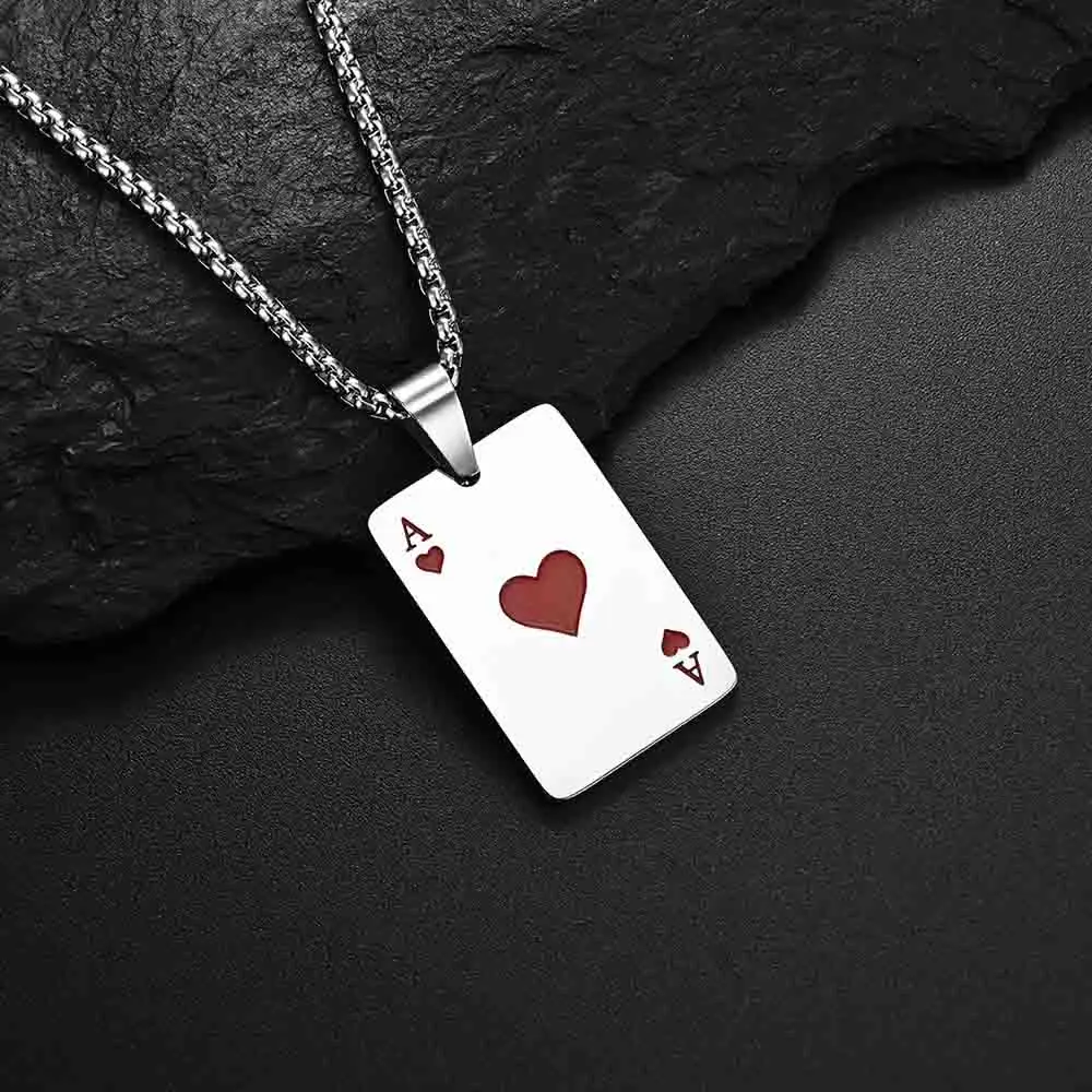 Stainless Steel Men Fashion Punk Rock Poker Card Spade A Pendant Necklace Cool Ace of Spades Win Game Jewelry Gift For Boy