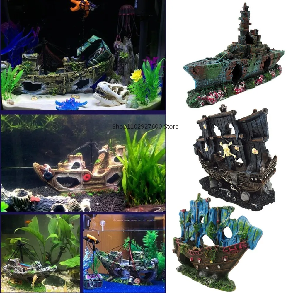 Resin Aquarium Fish Tank Decorations Landscape Pirate Ship Wreck Ship Vintage Design Boat Aquarium Accessories Home Decorations