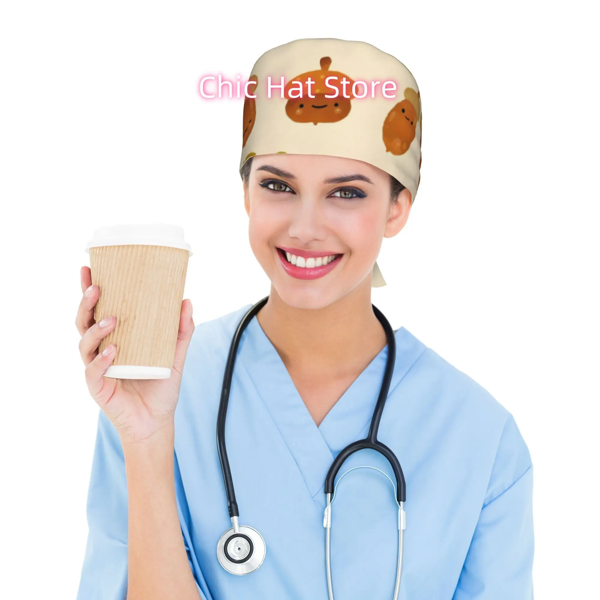 Acorns Adjustable Lace-Up Work Cap for Nurses & Chefs - Lightweight Breathable Uniform Hat with Smiling Potato & Acorn Design (B