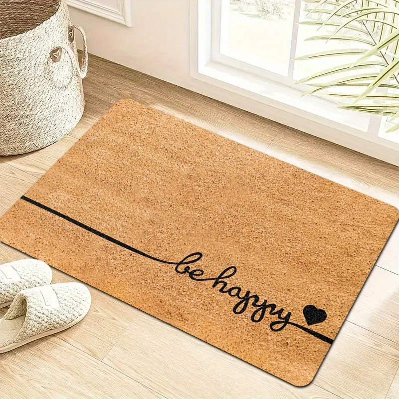 Be Happy Flannel Door Mat, Cute Heart Script Anti-Slip Absorbent Rug for Entryway & Bathroom, Machine Washable Home Decor