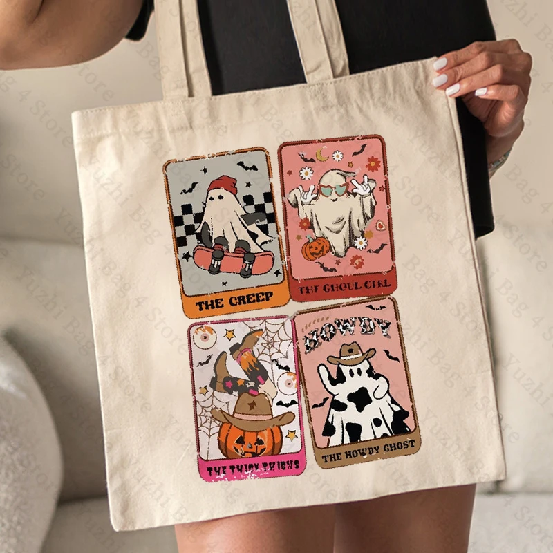 Spooky Tarot Card Howdy Tote Bag Ghost Western Ghost Bags Retro Halloween Totes Large Capacity Shopping Bag Women Shoulder Bags