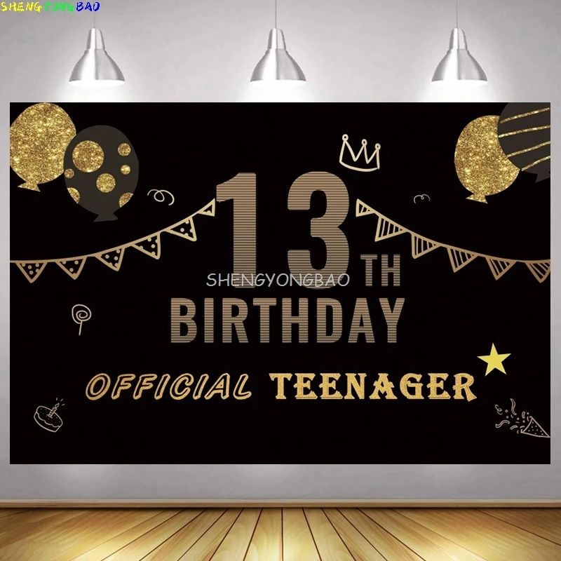 Or noir joyeux 13th anniversaire photographie décors ballon 13 ans juif garçon Bar Mitzvah Photo Studio fond DX-01