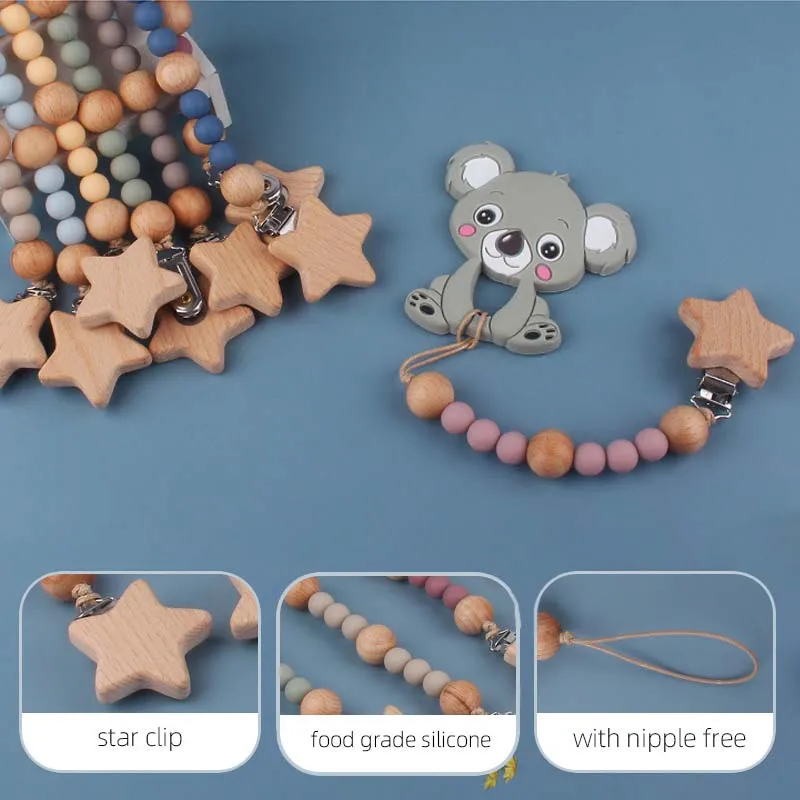 Baby Pacifier Chain Beech Wooden Clip for Newborn Anti-drop Star Nipple Holder Infants Silicone Teething Toys Babies Accessories