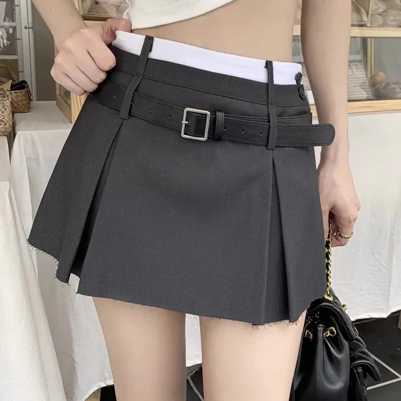 HOUZHOU Belt Pleated Mini Skirt Women Korean Style Preppy Summer Patchwork High Waist Casual A-line Skirt Shorts Streetwear