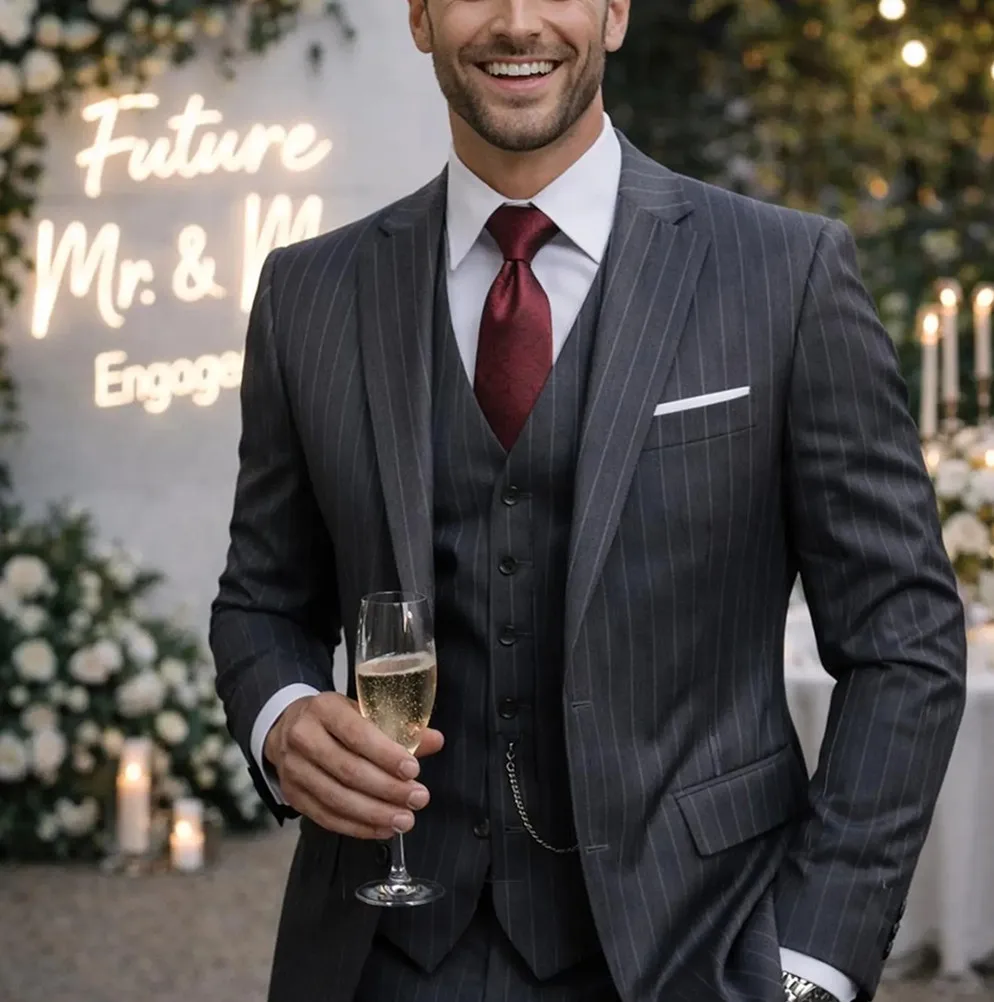 

Elegant 3 Piece Wedding Party Wear Grooms Suit Engagement Men's Suits Striped Grey Suit (Jacket+Vest+Pants)