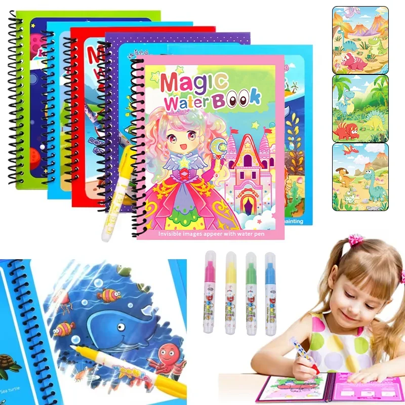 Cartoon Magic Water Drawing Book with Water Pen Reusable Coloring Book Early Learning Educational Graffiti Toy for Kids