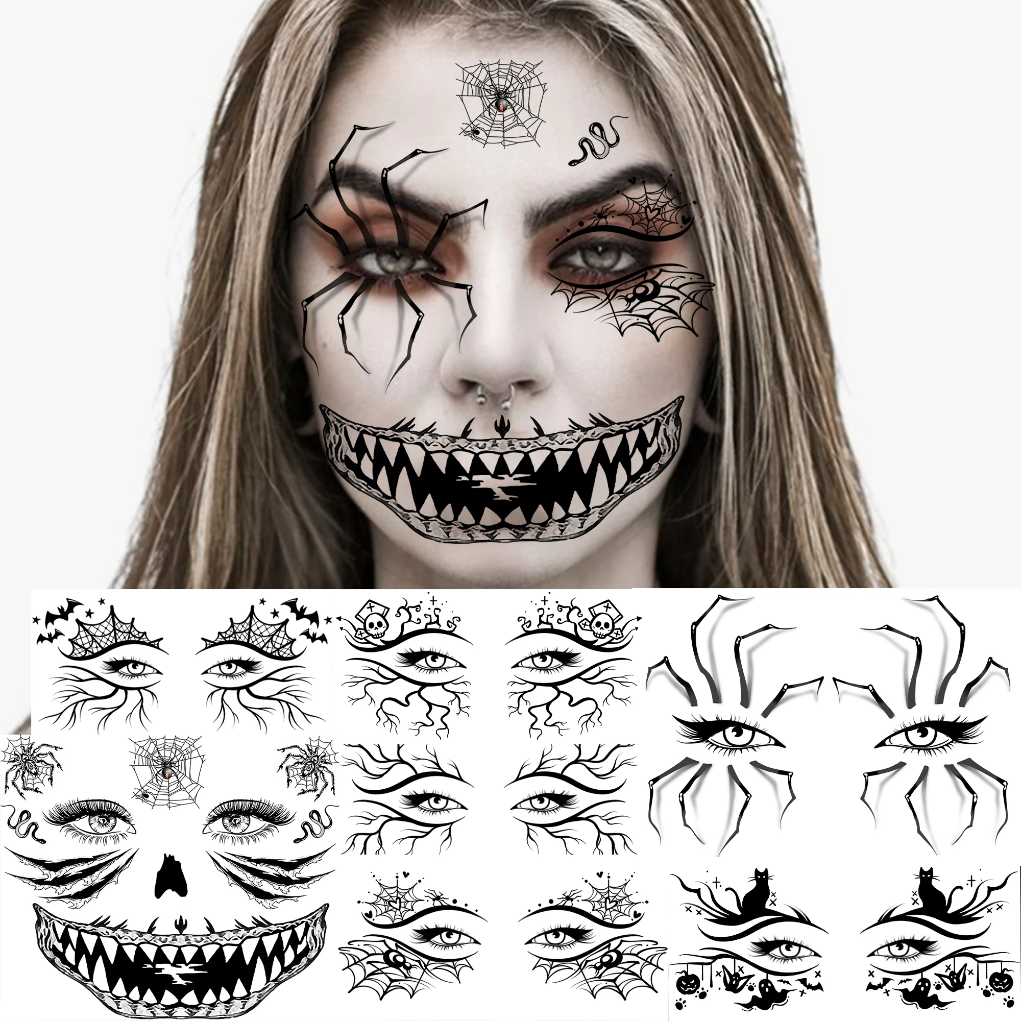 7 Sheets Day Of The Dead Colorful Floral Sugar Skull Face Temporary Tattoo Sticker Women Halloween, Durable Realistic Fake Tatoo