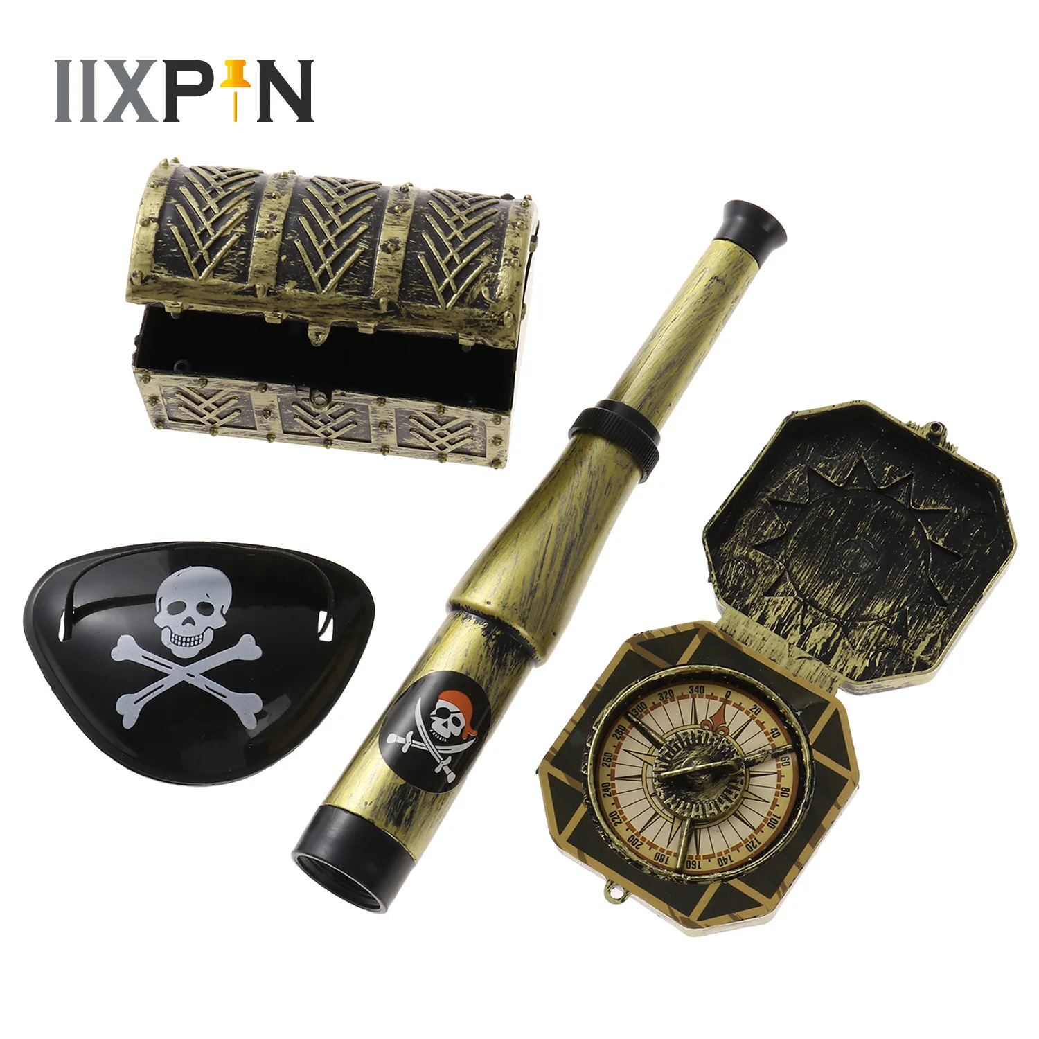 DIY Child Pirate Patch with Skull Telescope Compass Treasure Box Dress Up Prop Captain Toy Set Halloween Theme Party Decoration