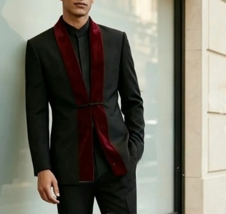 Men Black Tuxedo 2pcs Set Burgundy Velvet Peak Lapel Blazer Slim Pants 2026 Waist Buckle Tailored Fit For Wedding