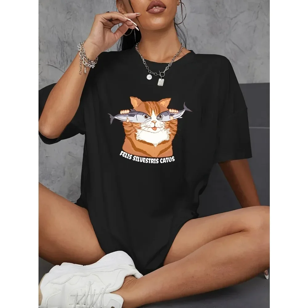 Funny Cat and Fish Nostalgia Vintage Women's T-Shirt Classic Aesthetic Cartoon Casual Short Sleeves O-Neck Sports Top Streetwear