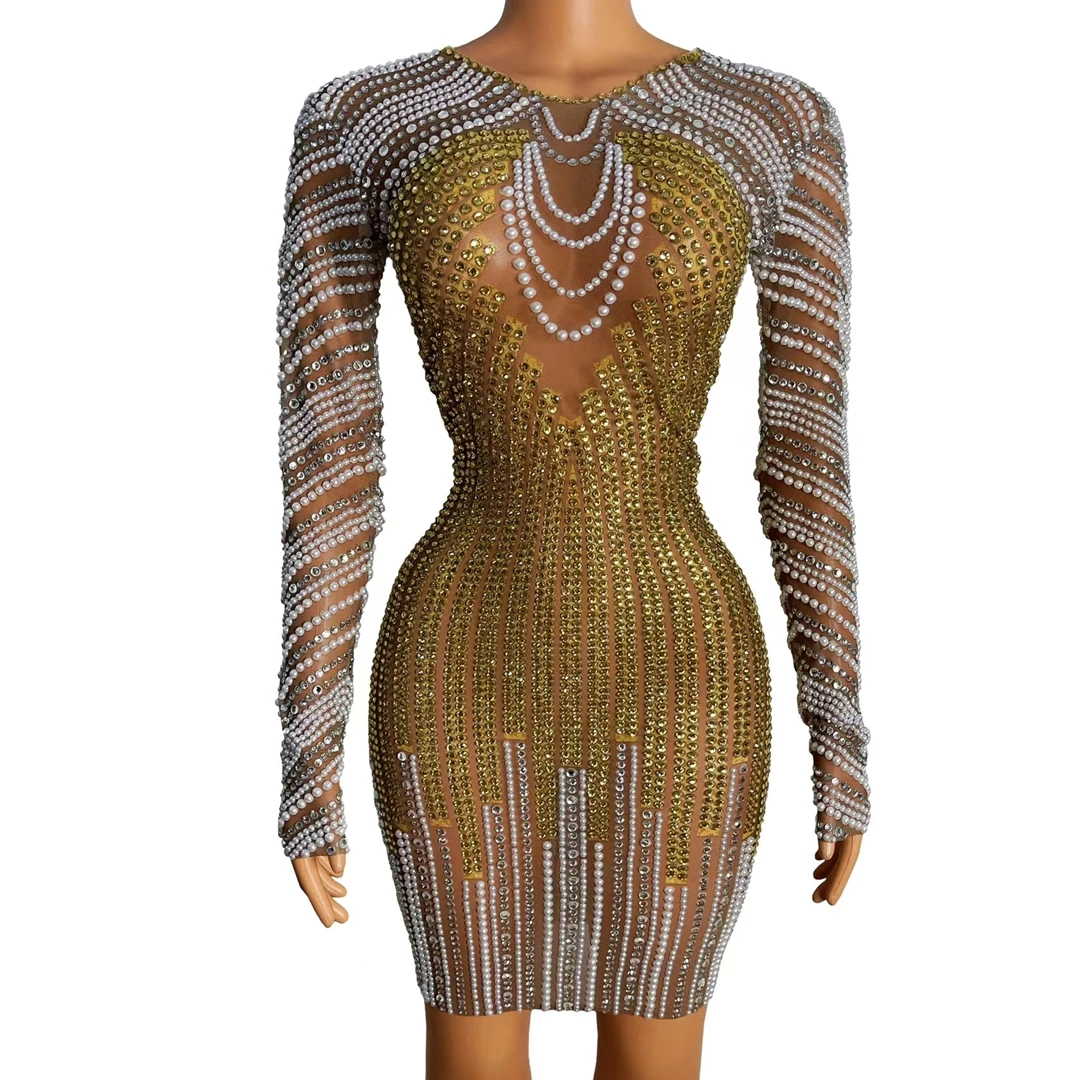 Edle Frauen Kleidung Langarm Perlen Kristall voller Strass Bodycon Geburtstags kleid Party Club Vestidos Bühnenshow Kostüme